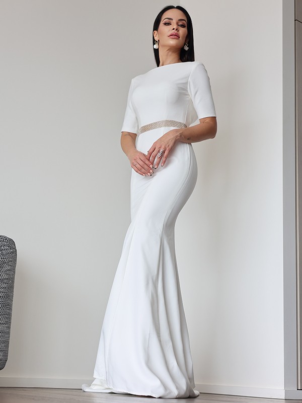 Sheath/Column Stretch Crepe Ruched Scoop 1/2 Sleeves Sweep/Brush Train Wedding Dresses 1489