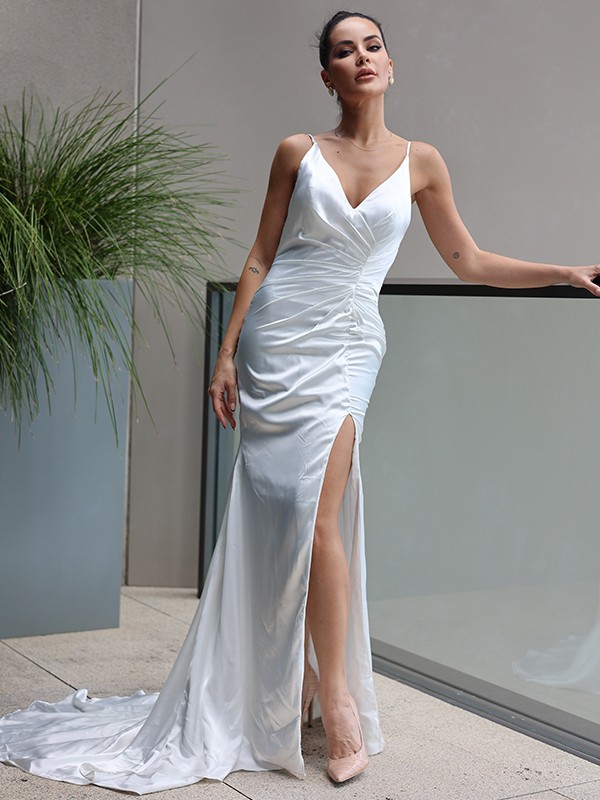 Sheath/Column Silk Like Satin Ruched V-neck Sleeveless Sweep/Brush Train Wedding Dresses 1429