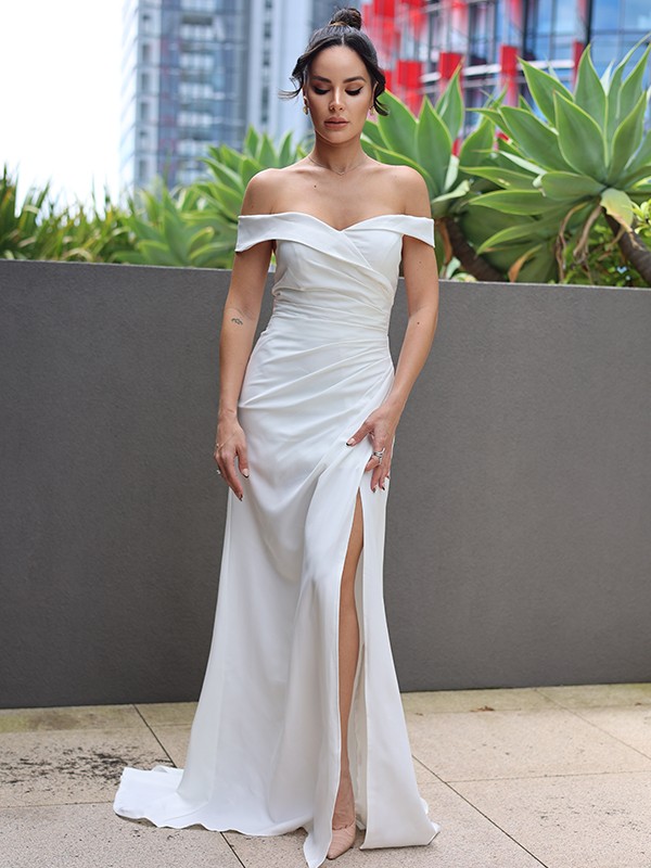 Sheath/Column Stretch Crepe Ruched Off-the-Shoulder Sleeveless Sweep/Brush Train Wedding Dresses 1414