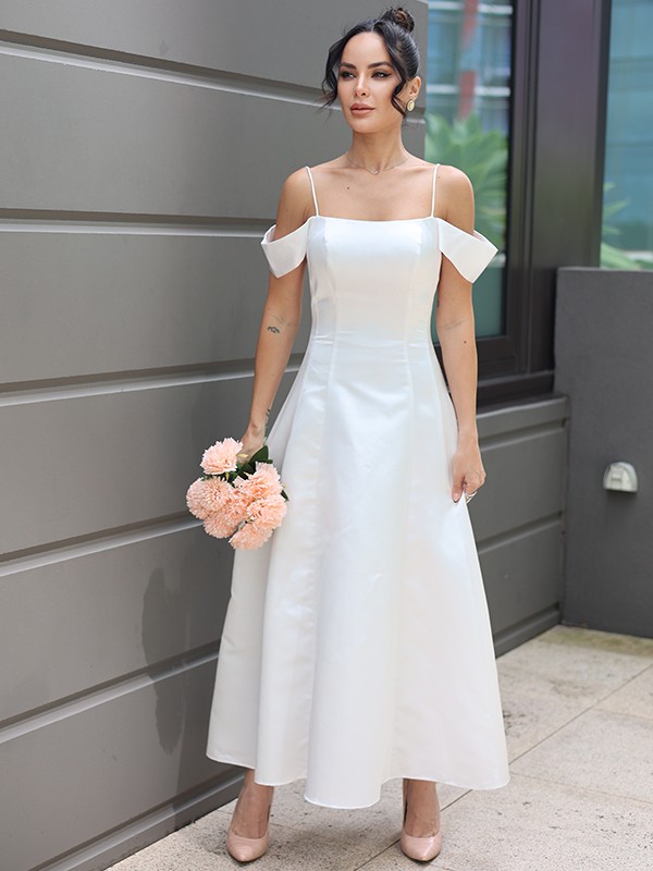 A-Line/Princess Satin Ruffles Spaghetti Straps Sleeveless Ankle-Length Wedding Dresses 842