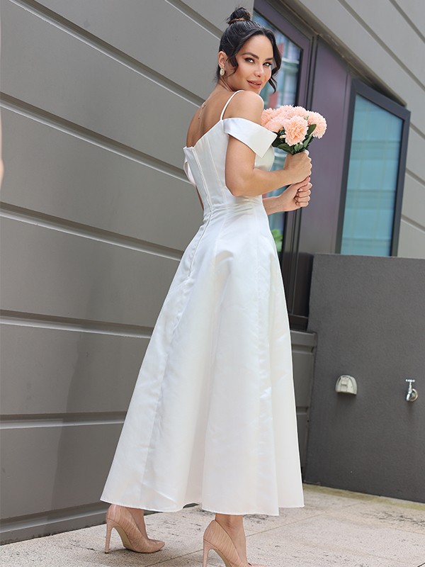 A-Line/Princess Satin Ruffles Spaghetti Straps Sleeveless Ankle-Length Wedding Dresses 842