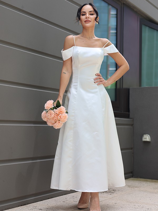 A-Line/Princess Satin Ruffles Spaghetti Straps Sleeveless Ankle-Length Wedding Dresses 842