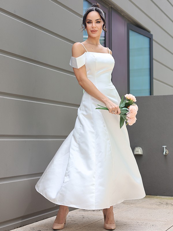 A-Line/Princess Satin Ruffles Spaghetti Straps Sleeveless Ankle-Length Wedding Dresses 842