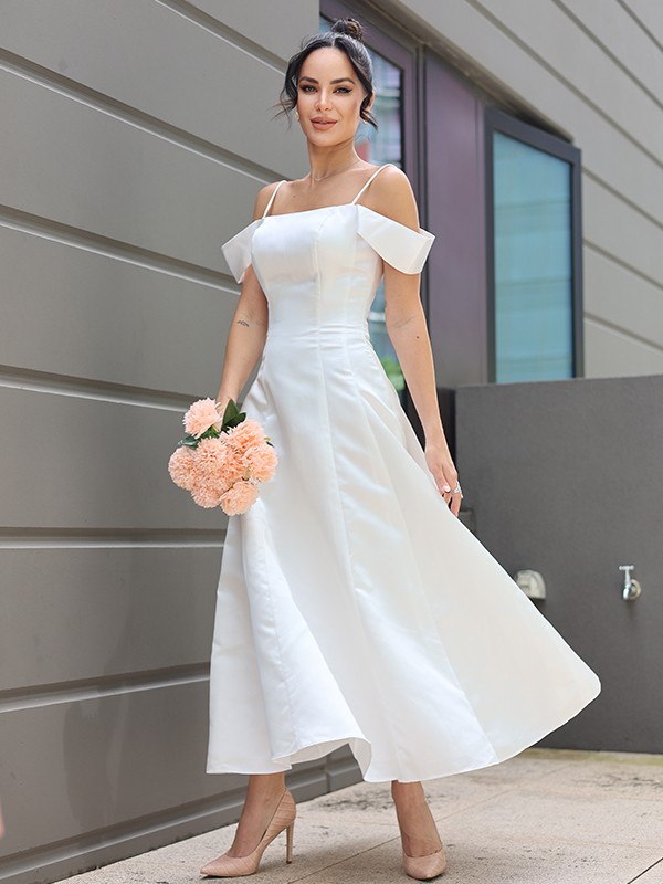 A-Line/Princess Satin Ruffles Spaghetti Straps Sleeveless Ankle-Length Wedding Dresses 842