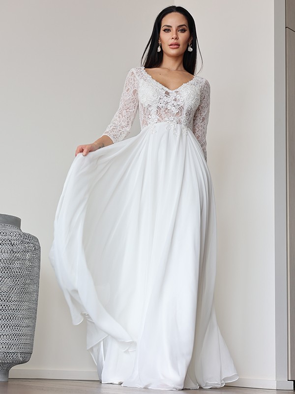 A-Line/Princess Chiffon Lace V-neck 3/4 Sleeves Floor-Length Wedding Dresses 650