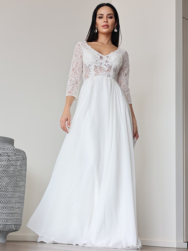 A-Line/Princess Chiffon Lace V-neck 3/4 Sleeves Floor-Length Wedding Dresses 650