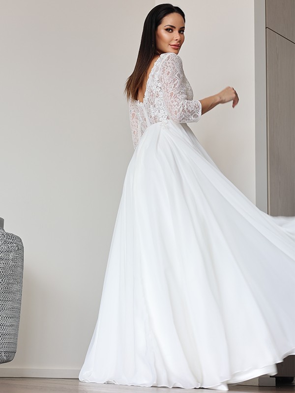 A-Line/Princess Chiffon Lace V-neck 3/4 Sleeves Floor-Length Wedding Dresses 650