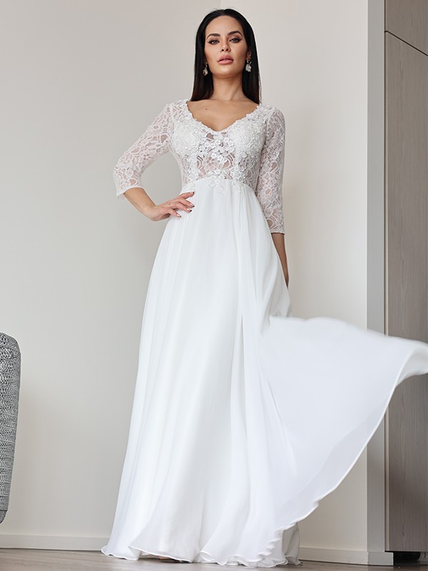 A-Line/Princess Chiffon Lace V-neck 3/4 Sleeves Floor-Length Wedding Dresses 650