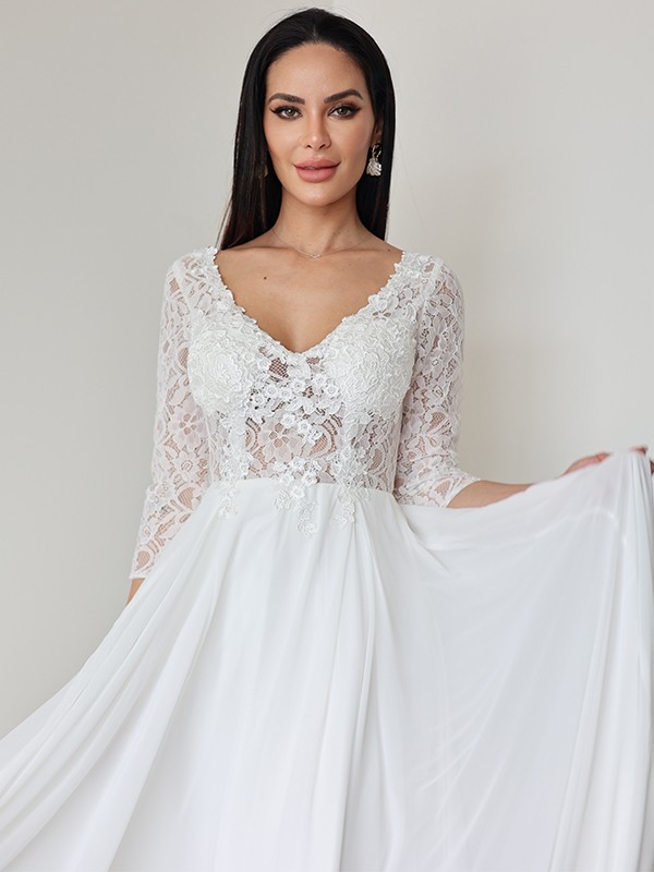 A-Line/Princess Chiffon Lace V-neck 3/4 Sleeves Floor-Length Wedding Dresses 650