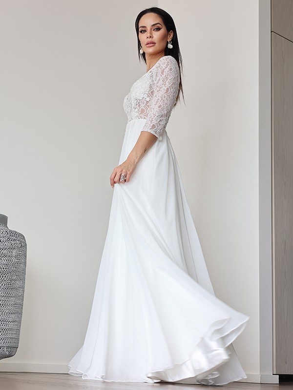 A-Line/Princess Chiffon Lace V-neck 3/4 Sleeves Floor-Length Wedding Dresses 650