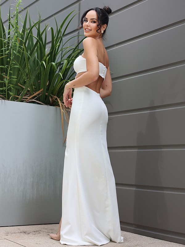 Sheath/Column Stretch Crepe Strapless Sleeveless Floor-Length Wedding Dresses 1519