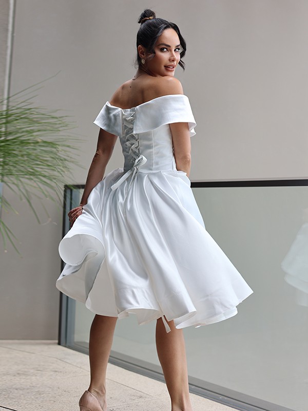 A-Line/Princess Satin Ruffles Off-the-Shoulder Sleeveless Knee-Length Wedding Dresses 831