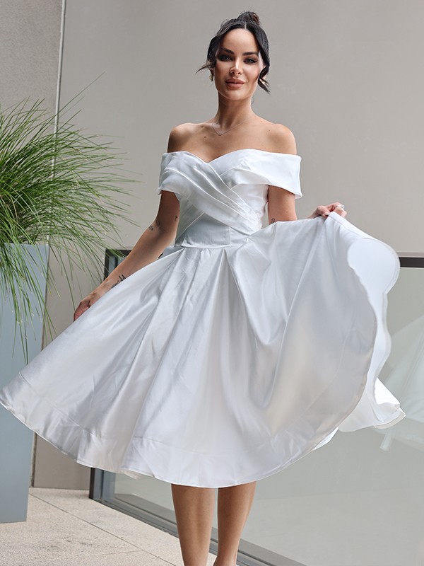 A-Line/Princess Satin Ruffles Off-the-Shoulder Sleeveless Knee-Length Wedding Dresses 831