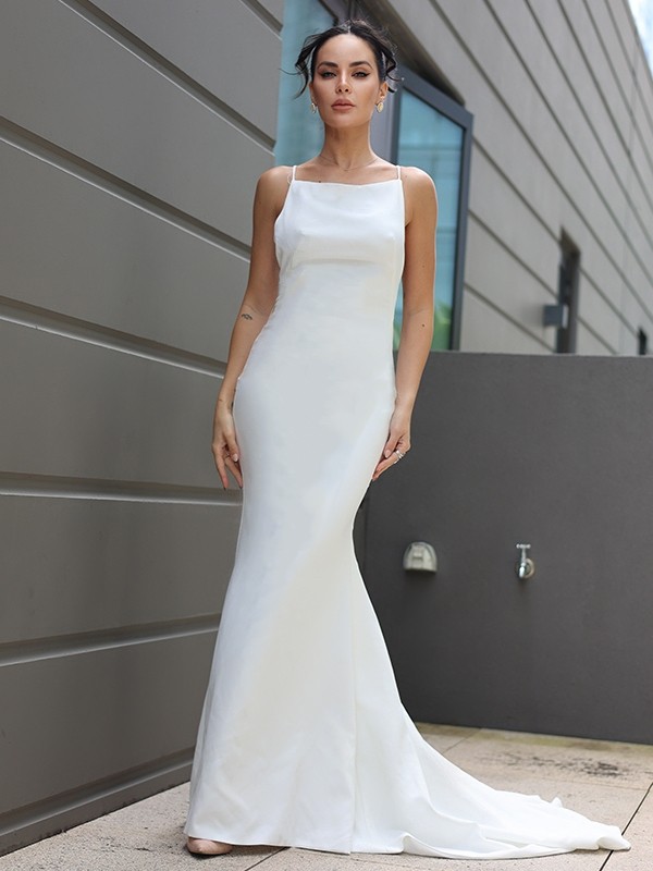 Sheath/Column Stretch Crepe Ruched Spaghetti Straps Sleeveless Sweep/Brush Train Wedding Dresses 1492