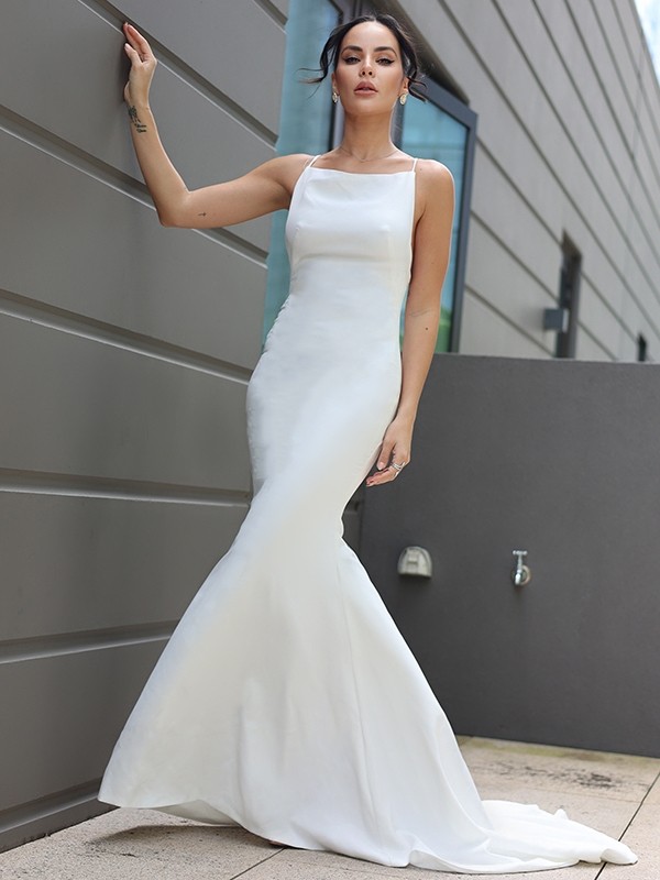 Sheath/Column Stretch Crepe Ruched Spaghetti Straps Sleeveless Sweep/Brush Train Wedding Dresses 1492