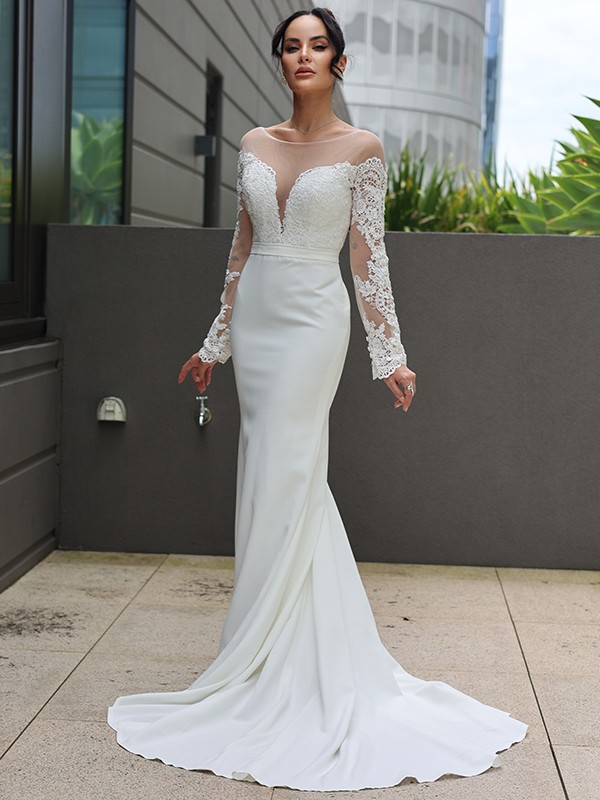 Sheath/Column Stretch Crepe Lace Scoop Long Sleeves Sweep/Brush Train Wedding Dresses 1463