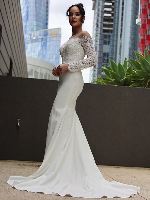 Sheath/Column Stretch Crepe Lace Scoop Long Sleeves Sweep/Brush Train Wedding Dresses 1463