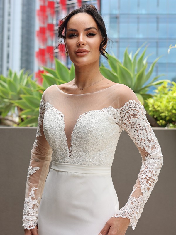 Sheath/Column Stretch Crepe Lace Scoop Long Sleeves Sweep/Brush Train Wedding Dresses 1463