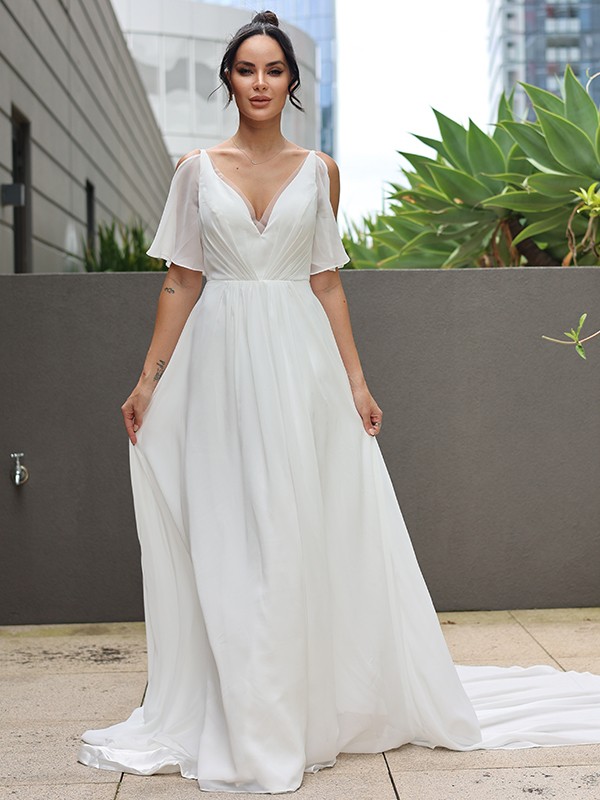 A-Line/Princess Chiffon Ruched V-neck Sleeveless Sweep/Brush Train Wedding Dresses 664