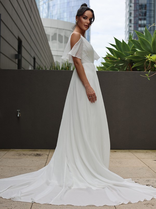 A-Line/Princess Chiffon Ruched V-neck Sleeveless Sweep/Brush Train Wedding Dresses 664