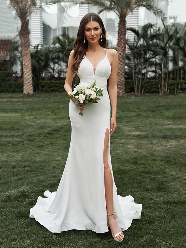 Sheath/Column Stretch Crepe Ruffles Halter Sleeveless Sweep/Brush Train Wedding Dresses 1430