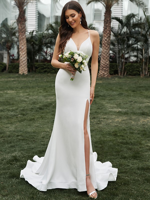 Sheath/Column Stretch Crepe Ruffles Halter Sleeveless Sweep/Brush Train Wedding Dresses 1430