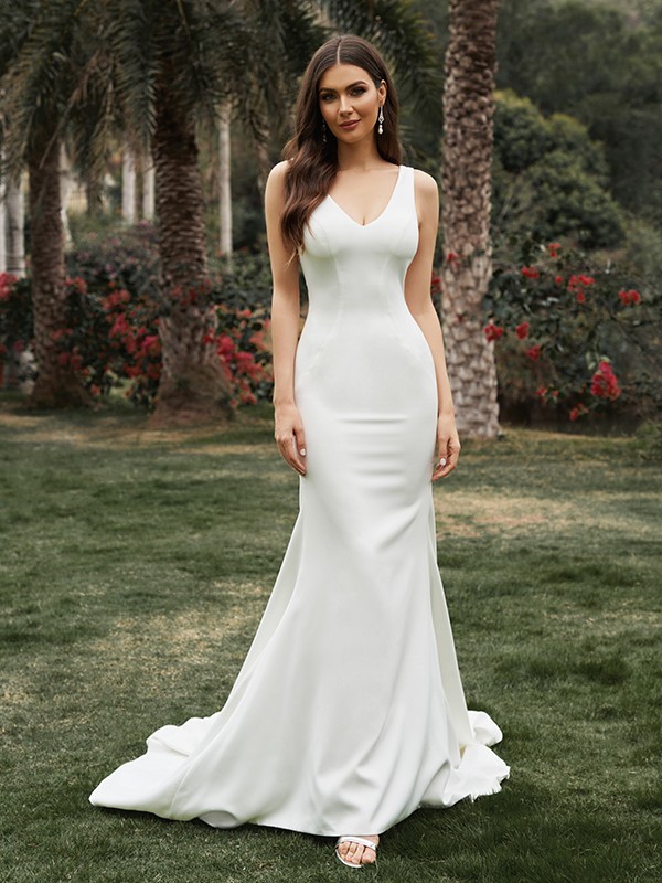 Sheath/Column Sleeveless Stretch Crepe V-neck Ruffles Sweep/Brush Train Wedding Dresses 1442