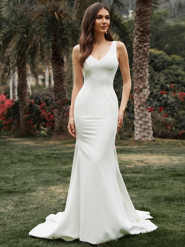 Sheath/Column Sleeveless Stretch Crepe V-neck Ruffles Sweep/Brush Train Wedding Dresses 1442