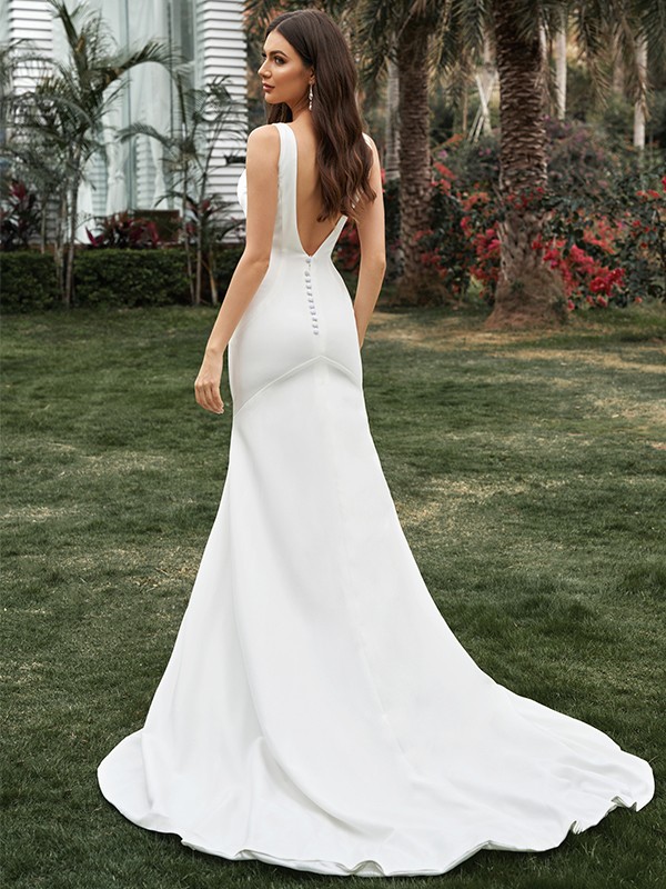 Sheath/Column Sleeveless Stretch Crepe V-neck Ruffles Sweep/Brush Train Wedding Dresses 1442