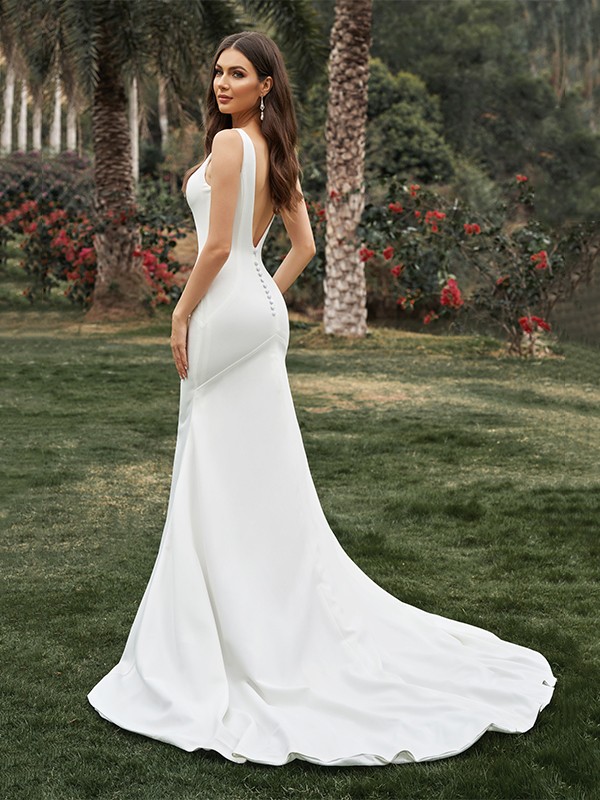 Sheath/Column Sleeveless Stretch Crepe V-neck Ruffles Sweep/Brush Train Wedding Dresses 1442