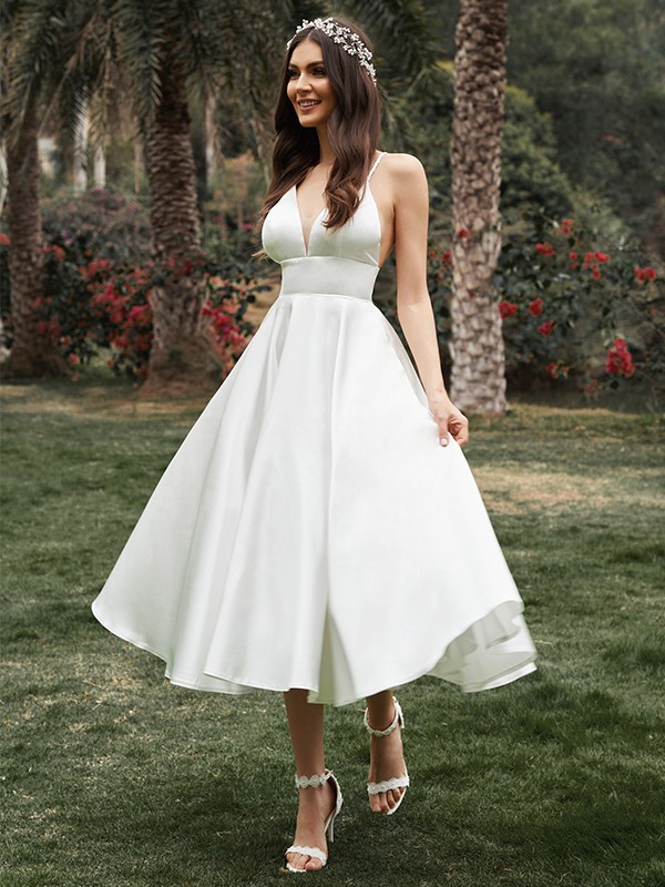 A-Line/Princess Ruffles V-neck Sleeveless Satin Tea-Length Wedding Dresses 783