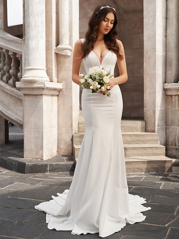 Trumpet/Mermaid Stretch Crepe V-neck Ruffles Sleeveless Chapel Train Wedding Dresses 1625