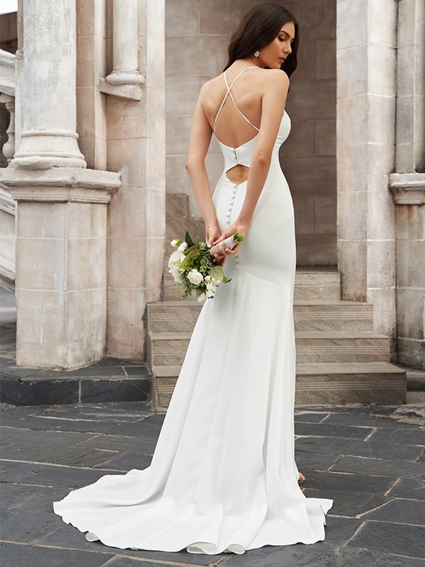 Trumpet/Mermaid Scoop Ruched Stretch Crepe Sleeveless Sweep/Brush Train Wedding Dresses 1631