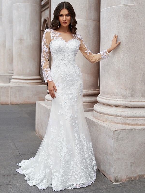 Trumpet/Mermaid Tulle Applique Scoop Long Sleeves Sweep/Brush Train Wedding Dresses 1712