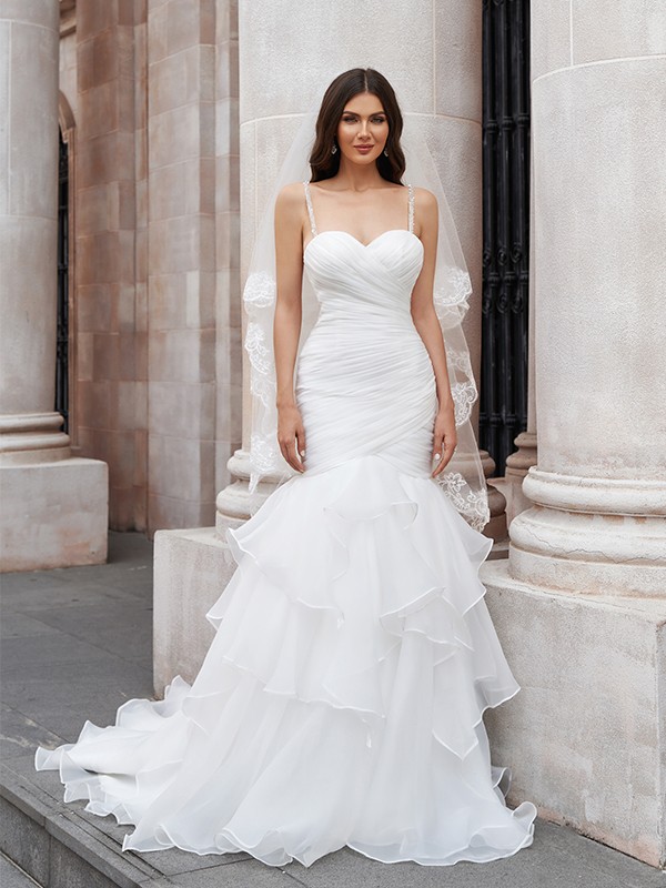 Trumpet/Mermaid Layers Spaghetti Straps Organza Sleeveless Sweep/Brush Train Wedding Dresses 1590