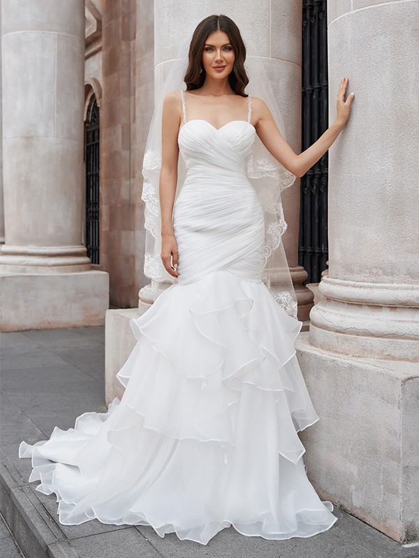 Trumpet/Mermaid Layers Spaghetti Straps Organza Sleeveless Sweep/Brush Train Wedding Dresses 1590