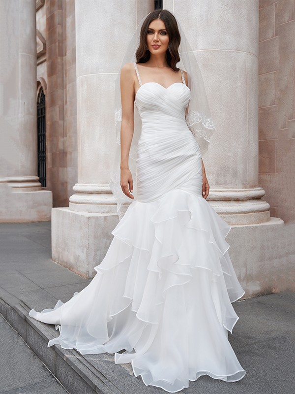 Trumpet/Mermaid Layers Spaghetti Straps Organza Sleeveless Sweep/Brush Train Wedding Dresses 1590