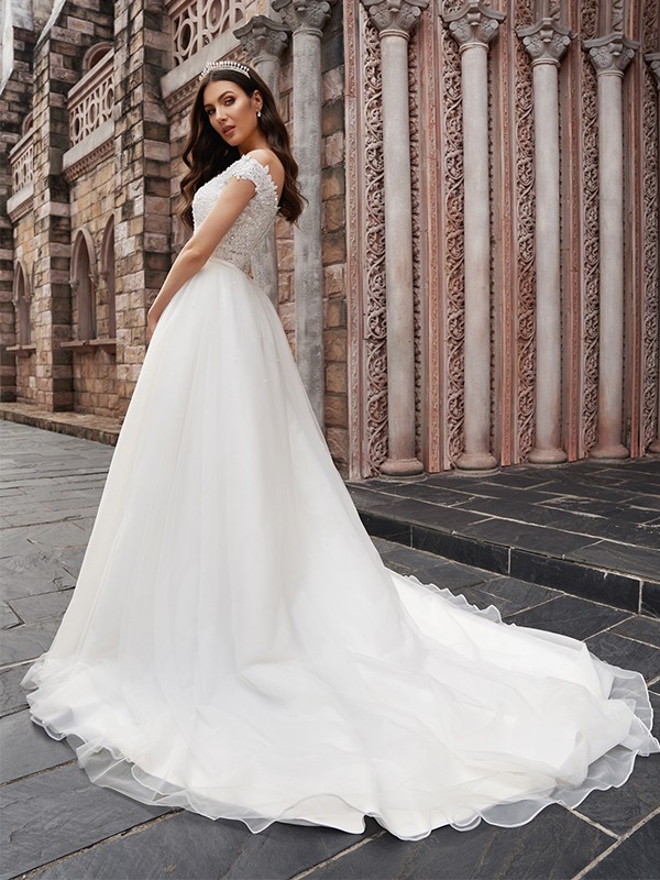 A-Line/Princess Applique Off-the-Shoulder Sleeveless Tulle Court Train Wedding Dresses 612