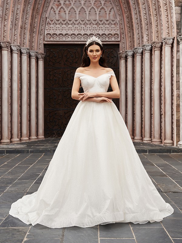 Ball Gown Tulle Ruched Off-the-Shoulder Sleeveless Court Train Wedding Dresses 1312