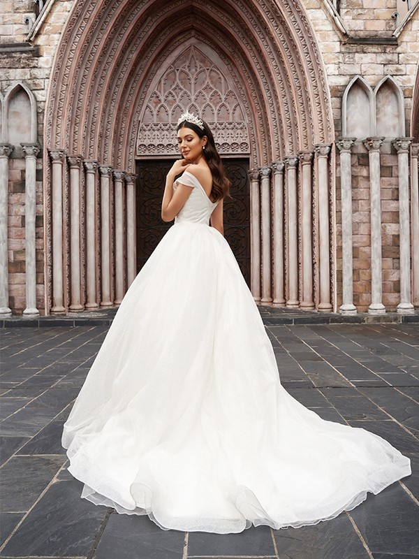 Ball Gown Tulle Ruched Off-the-Shoulder Sleeveless Court Train Wedding Dresses 1312