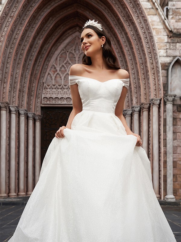 Ball Gown Tulle Ruched Off-the-Shoulder Sleeveless Court Train Wedding Dresses 1312