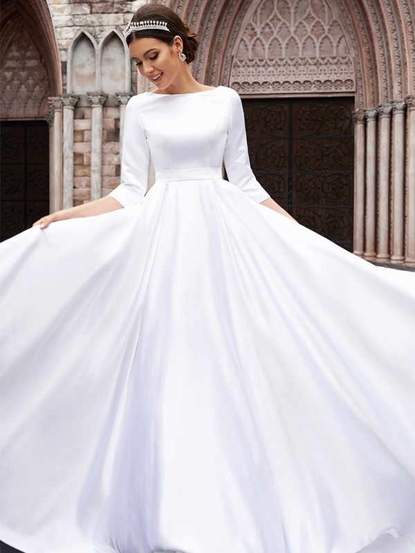 A-Line/Princess Satin Bowknot Bateau 3/4 Sleeves Sweep/Brush Train Wedding Dresses 794