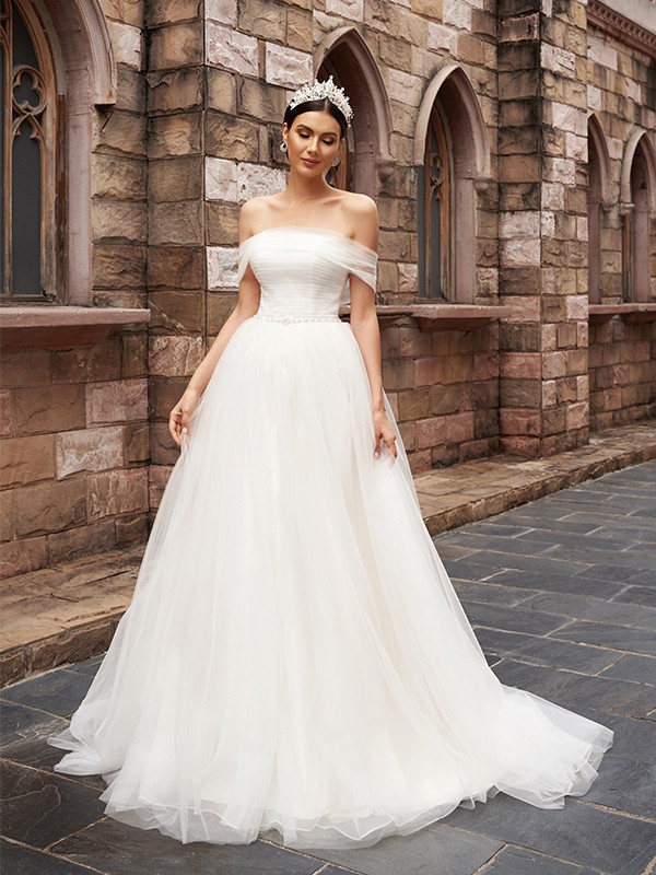 A-Line/Princess Tulle Sleeveless Off-the-Shoulder Ruched Sweep/Brush Train Wedding Dresses 1105