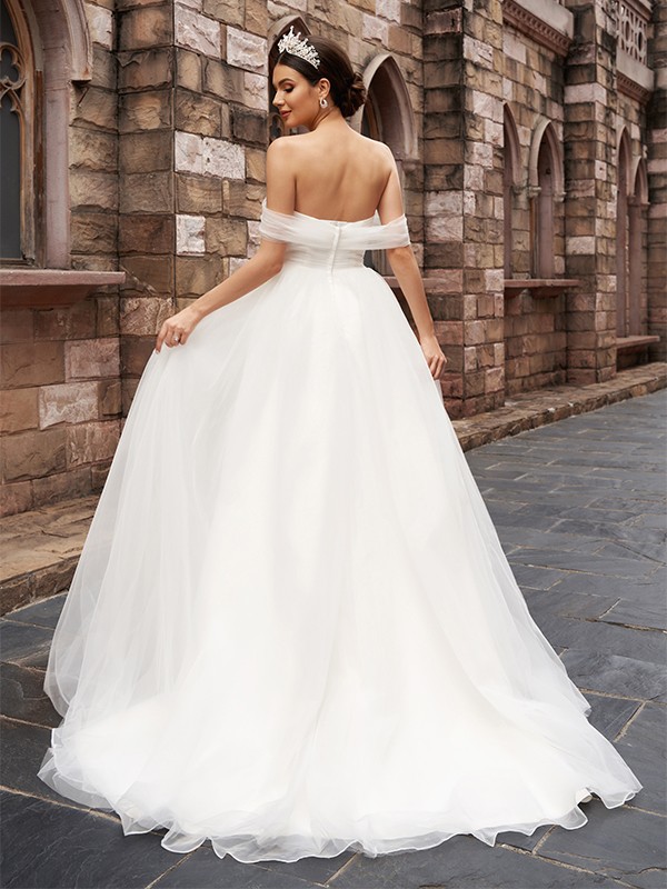 A-Line/Princess Tulle Sleeveless Off-the-Shoulder Ruched Sweep/Brush Train Wedding Dresses 1105