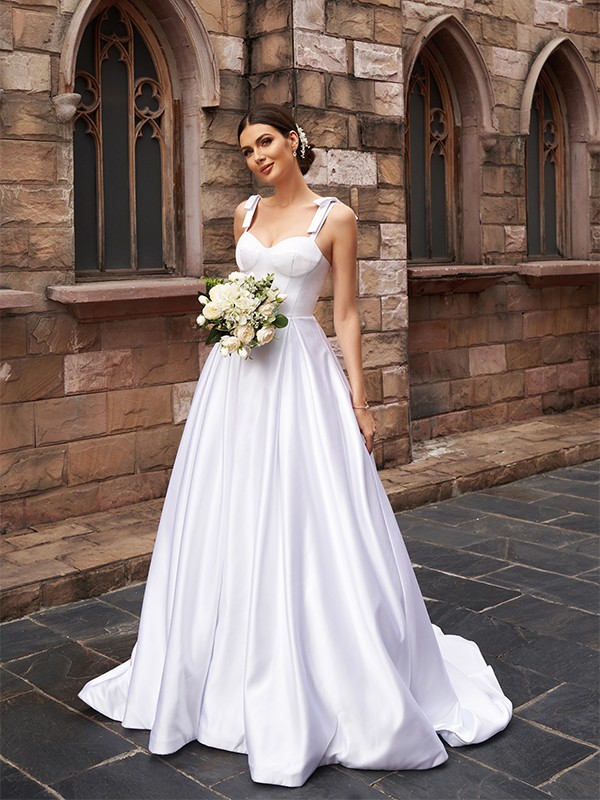 A-Line/Princess Satin Ruffles Straps Sleeveless Sweep/Brush Train Wedding Dresses 848