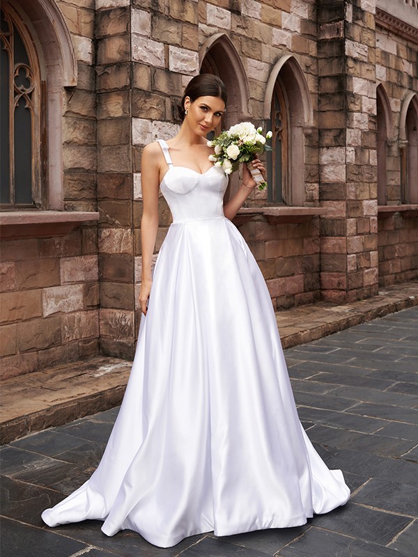 A-Line/Princess Satin Ruffles Straps Sleeveless Sweep/Brush Train Wedding Dresses 848