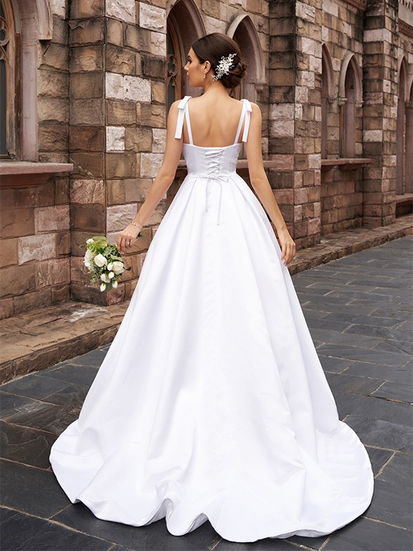 A-Line/Princess Satin Ruffles Straps Sleeveless Sweep/Brush Train Wedding Dresses 848