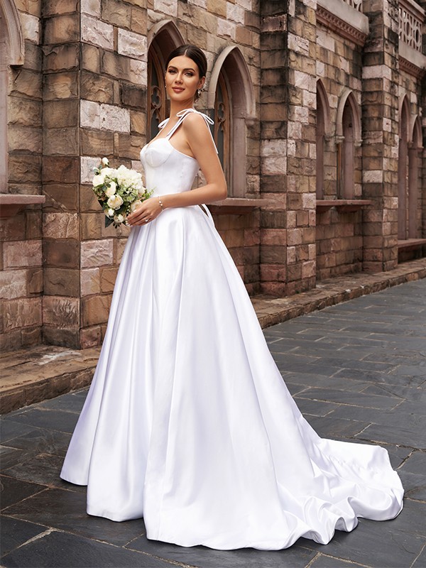 A-Line/Princess Satin Ruffles Straps Sleeveless Sweep/Brush Train Wedding Dresses 848