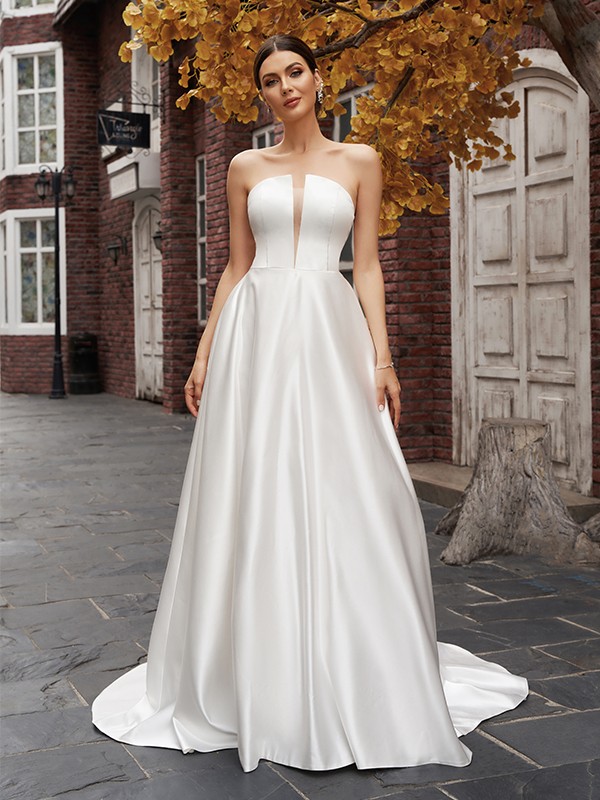 A-Line/Princess Strapless Satin Sleeveless Ruffles Sweep/Brush Train Wedding Dresses 930