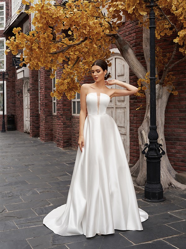 A-Line/Princess Strapless Satin Sleeveless Ruffles Sweep/Brush Train Wedding Dresses 930